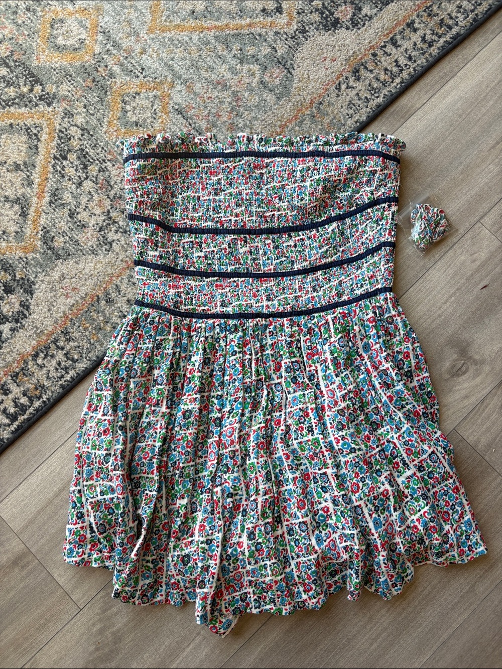 Free People Floral Strapless Smocked Mini Dress in Red, Green, Navy & Cream